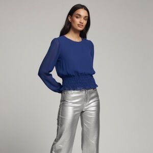 Express Blue Smocked Waist Chiffon Sheer Long Sleeve Peplum Blouse